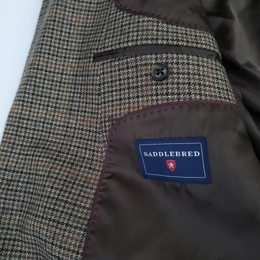Saddlebred Blazer Sport Coat Academia Wool Blend Elbow Patch Houndstooth 48R